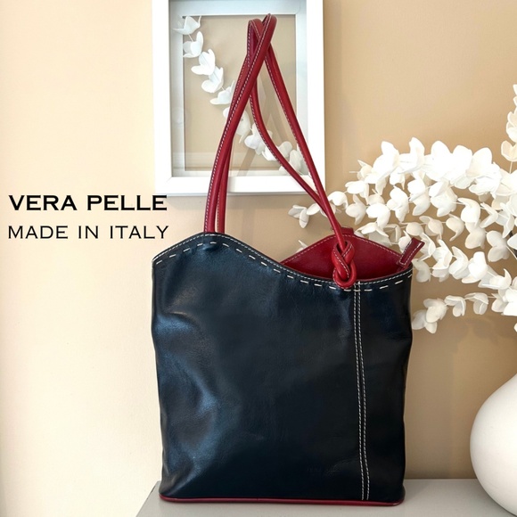 VERA PELLE Made in Italy Black and Red Leather Backpack with Convertible Straps - Picture 1 of 17